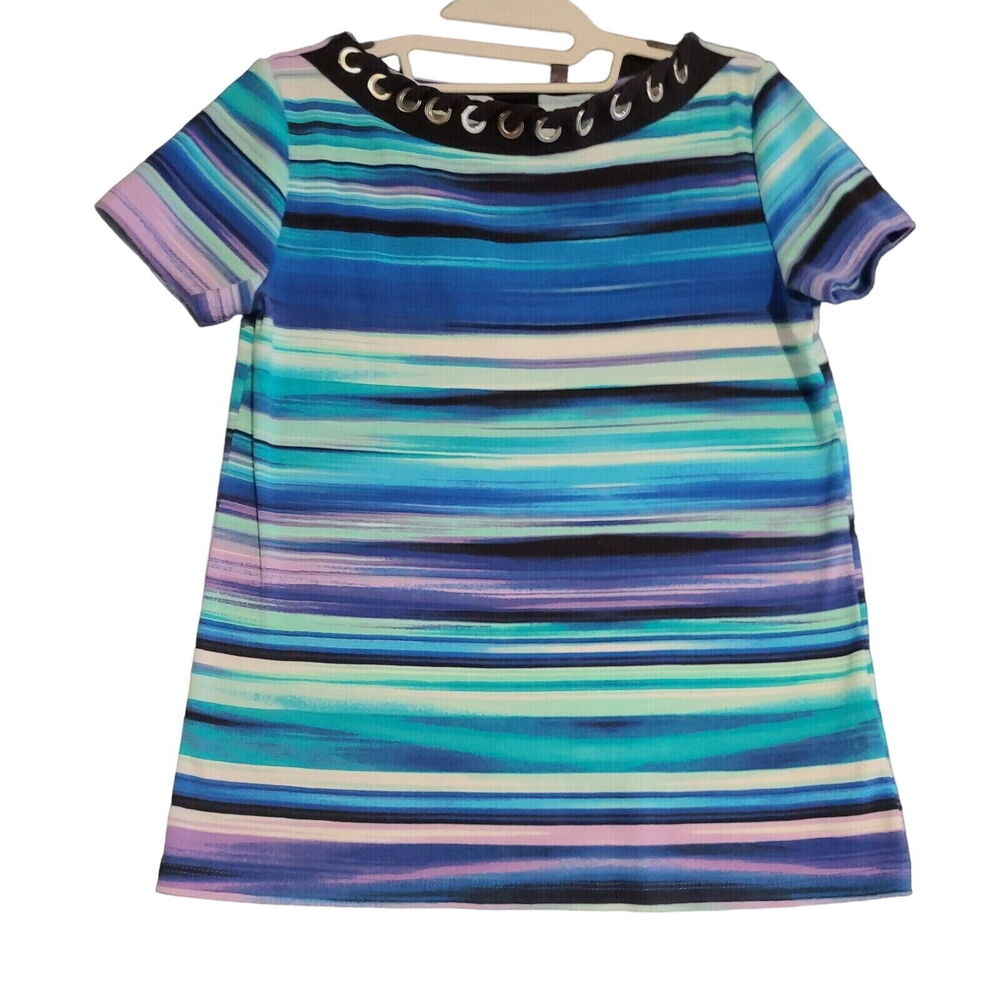 Rafaella Womens Petite Top Multi-Color Size PS 100% Cotton Short Sleeve Pullover